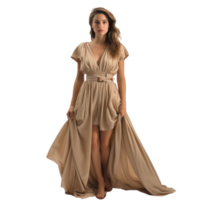 Girl in a beautiful white, beige long evening dress isolated png