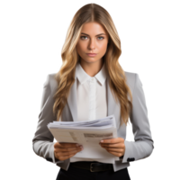 Business woman in jacket with documents in hands isolated. png