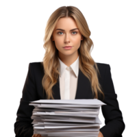 Business woman in jacket with documents in hands isolated. png