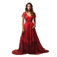 Girl in a beautiful red long evening dress isolated png