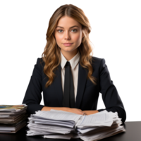 Business woman in jacket with documents in hands isolated. png