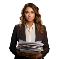 Business woman in jacket with documents in hands isolated. png