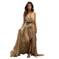 Girl in a beautiful white, beige long evening dress isolated png