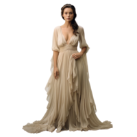 Girl in a beautiful white, beige long evening dress isolated png