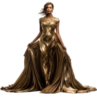 Girl in a beautiful golden long evening dress isolated png