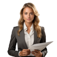 Business woman in jacket with documents in hands isolated. png