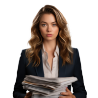 Business woman in jacket with documents in hands isolated. png