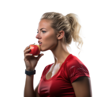 Young athletic girl eating an apple isolated png