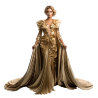 Girl in a beautiful golden long evening dress isolated png