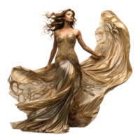 Girl in a beautiful golden long evening dress isolated png