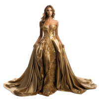 Girl in a beautiful golden long evening dress isolated png
