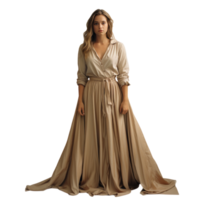 ragazza nel un' bellissimo bianca, beige lungo sera vestito isolato png