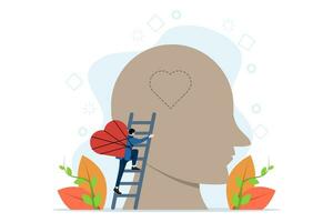 The concept of emotional intelligence and the ability to understand feelings and emotions, mental health, balance between thoughts and emotions, man with his heart climbing the stairs to his head. vector