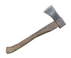 Old rust dirty dark gray axe with brown wooden handle isolated on white background with clipping path photo