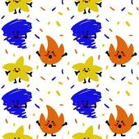 Random abstract emotional icons with seamless pattern. Fire, tornado, star with confetti on white. Vector background for postcards of web pages, greeting cards, invitations. For children's bedroom