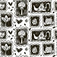 A pattern of stamp badges, a stamp in black and white. Halloween, autumn vector design. Seamless texture with hand-drawn stamps as a marker. Teapot, heart, leaf, ladybug in a dashed style. Sketch