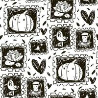 A pattern of stamp badges, a stamp in black and white. Halloween, autumn vector design. Seamless texture with hand-drawn stamps as a marker. Pumpkin, bird, cat, fly agaric in a dashed style. Sketch