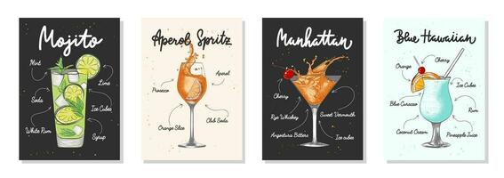 Set of 4 advertising recipe lists with alcoholic drinks, cocktails and beverages lettering posters, wall decoration, prints, menu design. Hand drawn typography with sketches. Handwritten calligraphy. vector