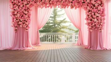 rosado pétalo camino al aire libre boda, generativo ai foto