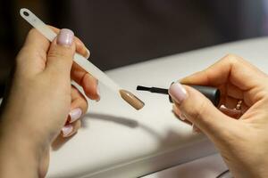 A manicurist applies gel nail polish to empty tips as a sample photo