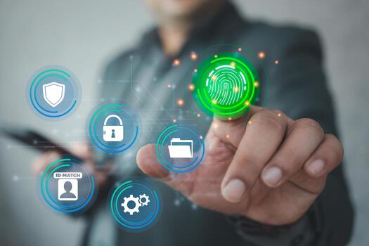 Businessmen use fingerprint scanning to access the system and digital processing identification to access security systems photo