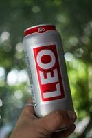 Bangkok, Thailand - October 8, 2023 Holds a can of popular Thai beer Leo with new logo. Brand Leo beer created by boon rawd brewery co.,ltd in Thai. photo