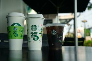 Bangkok, Thailand - October 16, 2023 Reusable cup 25th Anniversary, Starbucks Thailand. Limited-edition photo