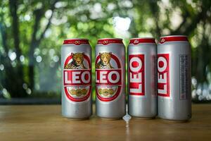 Bangkok, Thailand - October 16, 2023 New design can is a Leo Beer can, net weight 490 ml. Product of Thailand. photo
