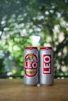 Bangkok, Thailand - October 15, 2023 New design can is a Leo Beer can, net weight 490 ml. Product of Thailand. photo