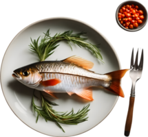 fish on dish, seafood platter, culinary fish art, delicious fish cuisine,ai generative png