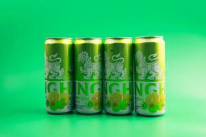 Samut Prakan, Thailand - October 16, 2023 New of can of Singha Ume Lemon Soda comes in a sparkling green 330 ml Zero Sugar on a green background. photo