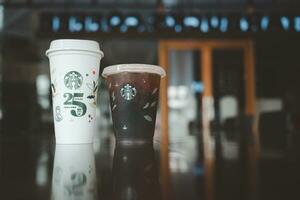 Bangkok, Thailand - October 16, 2023 Reusable cup 25th Anniversary, Starbucks Thailand. Limited-edition photo