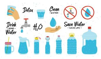 Water elements in modern style flat, line style with phrases. Hand drawn vector illustration bottles, glasses, drops, mug, flask, tap, hands, slogans. Fashion cute patch, badge, emblem. Save water.