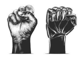 Vector engraved style illustration for posters, decoration and print. Hand drawn sketch of human and robot fist gesture in monochrome isolated on white background. Detailed vintage woodcut drawing.