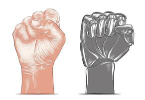 Vector engraved style illustration for posters, decoration and print. Hand drawn sketch of human and robot fist gesture in colorful isolated on white background. Detailed vintage woodcut drawing.