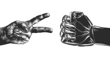 Hand drawn sketch of victory hand and robot fist isolated on white background. vector