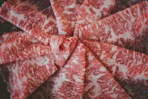 Fresh beef raw sliced with marbled texture served for Sukiyaki photo