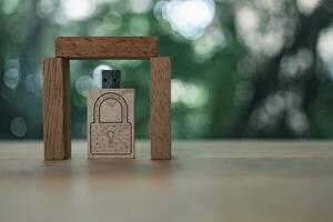 Padlock icon inscription on wood usb stick with protection by wood stick. photo