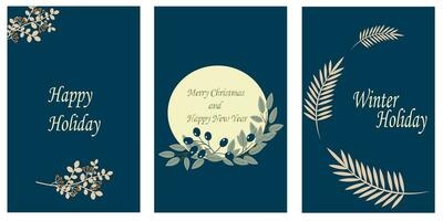 Navidad saludo tarjeta modelo en redondo marco, invierno Días festivos texto, alegre Navidad, azul antecedentes. pino sucursales, abeto sucursales, bayas, plantas. vector eps10