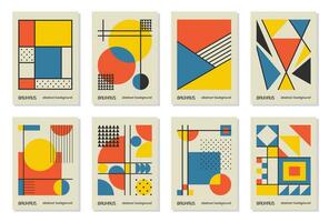 conjunto de 8 afiches de diseño geométrico mínimo de los años 20, arte mural, plantilla, diseño con elementos de formas primitivas. fondo de patrón retro bauhaus, círculo abstracto vectorial, triángulo y arte de línea cuadrada vector