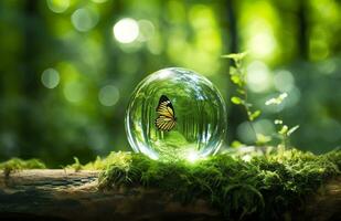 Butterfly and Crystal ball on a tree stump in the forest, natural green background. Generative AI photo