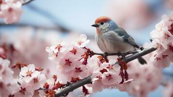 Birds sitting in a tree filled with cherry blossom flowers. Generative AI photo