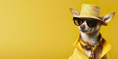 Cool looking Chihuahua dog wearing funky fashion dress. space for text right side. Generative AI photo