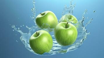 Fresh green apples fall into the water with a splash on blue background. Generative AI photo