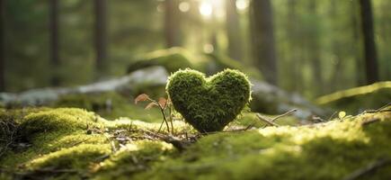 Closeup of wooden heart on moss. Natural burial grave in the woods. Generative AI photo