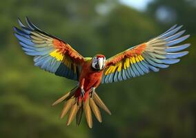 Flying macaw, beautiful bird. Generative AI photo