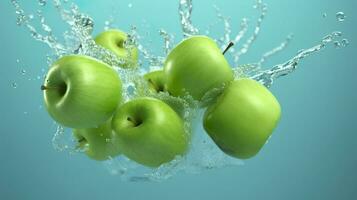 Fresh green apples fall into the water with a splash on blue background. Generative AI photo