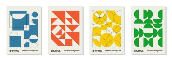 Set of 4 minimal vintage 20s geometric design posters, wall art, template, layout with primitive shapes elements. Bauhaus retro pattern background, vector abstract circle, triangle and square line art