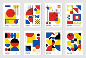 conjunto de 8 afiches de diseño geométrico mínimo de los años 20, arte mural, plantilla, diseño con elementos de formas primitivas. fondo de patrón retro bauhaus, círculo abstracto vectorial, triángulo y arte de línea cuadrada vector