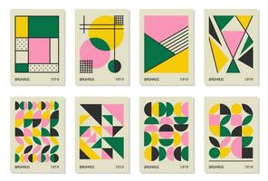 conjunto de 8 afiches de diseño geométrico mínimo de los años 20, arte mural, plantilla, diseño con elementos de formas primitivas. fondo de patrón retro bauhaus, círculo abstracto vectorial, triángulo y arte de línea cuadrada vector